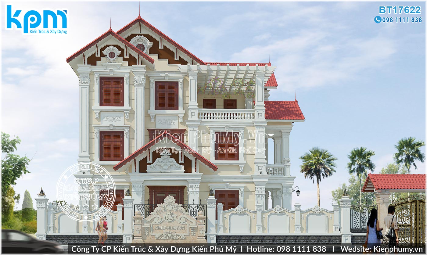 Phối cảnh 3d mẫu thiết kế biệt thự tân cổ điển 3 tầng mái thái đỏ