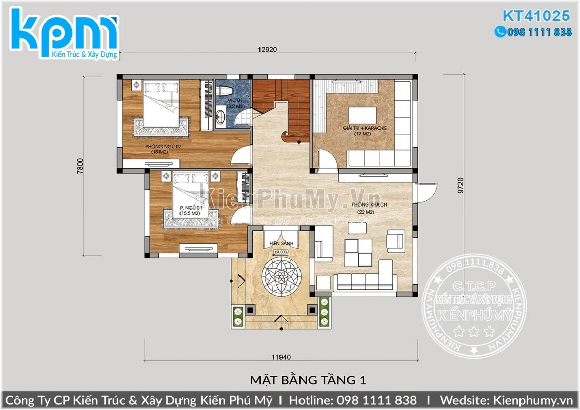 thiết kế biệt thự 2 tầng mái thái 120m2/sàn bao gồm 4 phòng ngủ